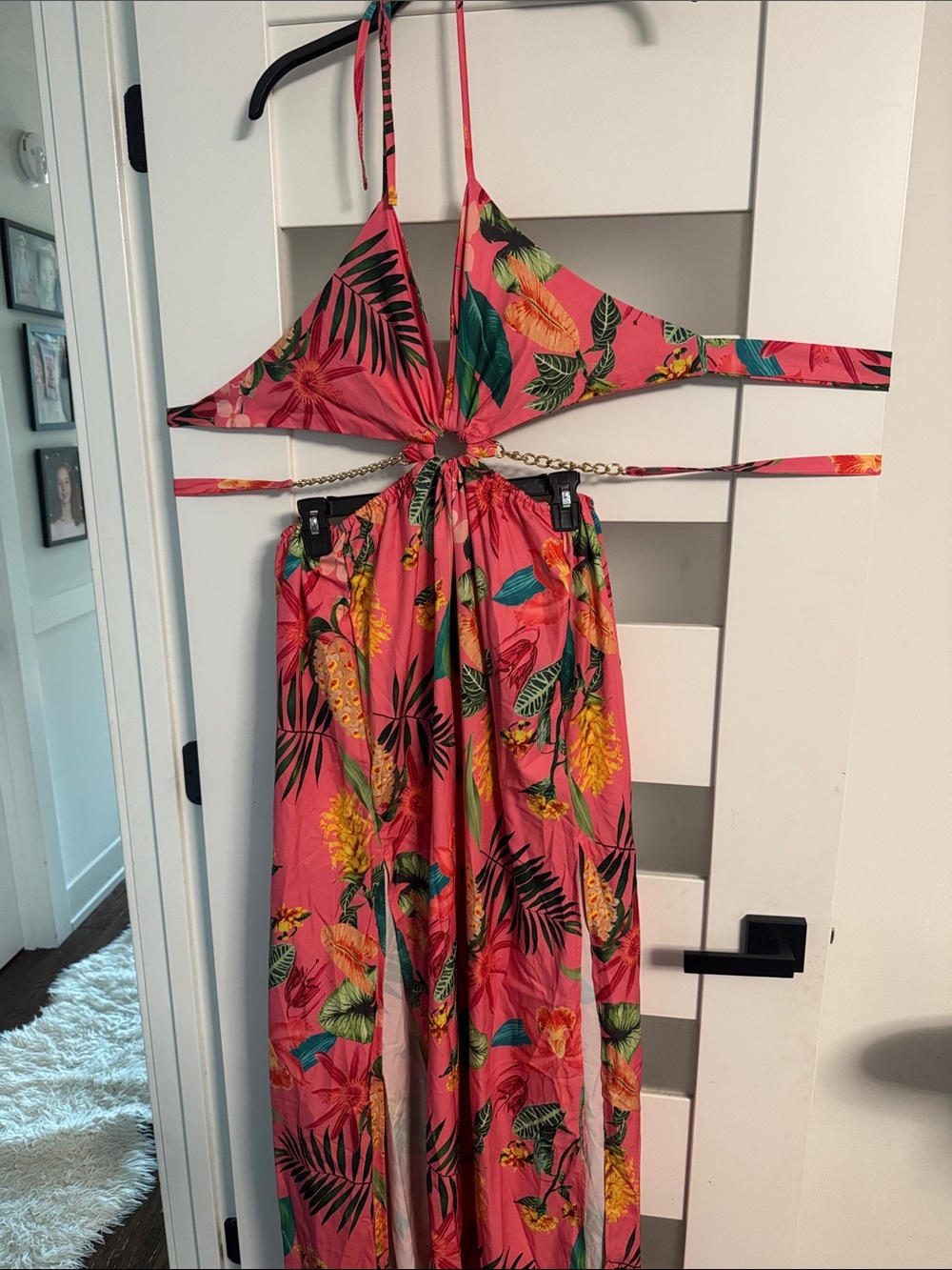 Backless Tropical Pink Floral Cutout maxi